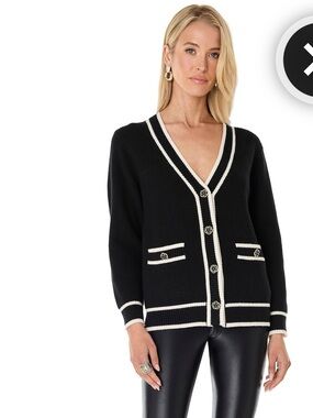 Noli Black Cardigan with Cream Trim V-Neck Button Front